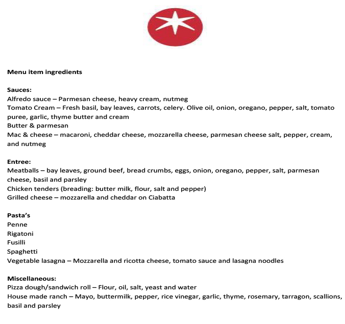 Ingredients list Ingredients list
